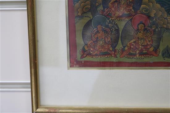 A Chinese landscape painting, a picture of huntsmen and a painted silk thangka Largest 81 x 44cm.